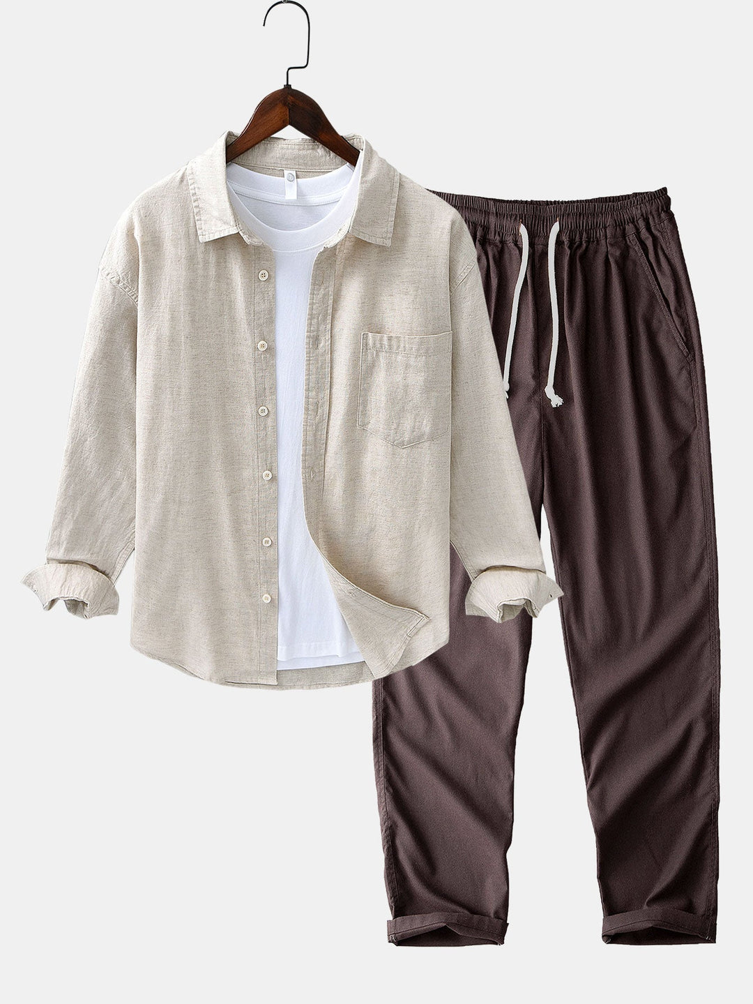 Long Sleeve Linen Cotton Shirt With Pocket & Straight Leg Linen Pants