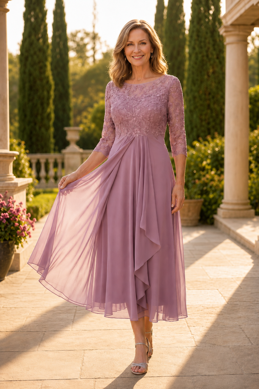 Maria™ Elegant Lace Chiffon Dress