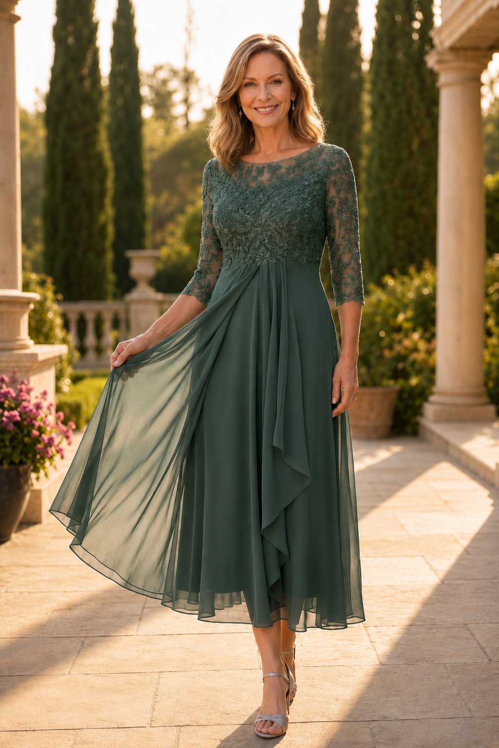 Maria™ Elegant Lace Chiffon Dress