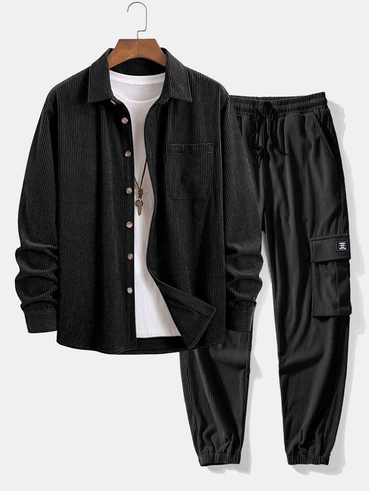 Corduroy Button Up Shirt & Drawstring Corduroy Cargo Jogger Pants