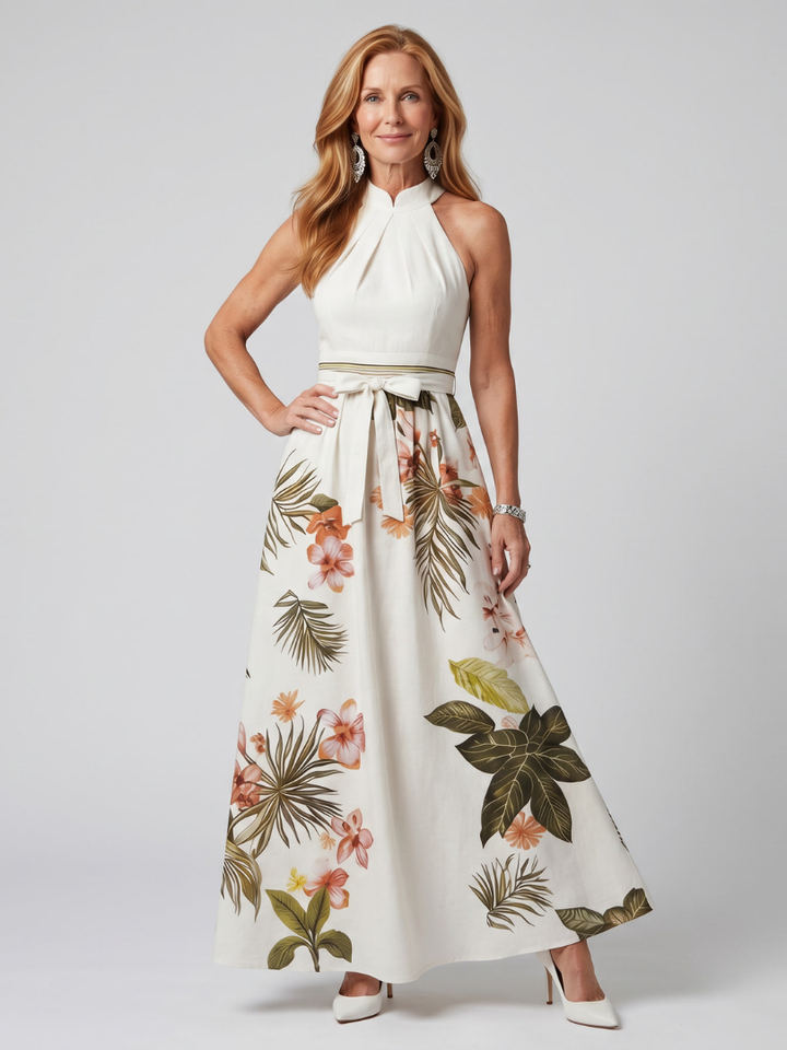 Wiese | Draped Halter Neck Botanical Panel Maxi Dress