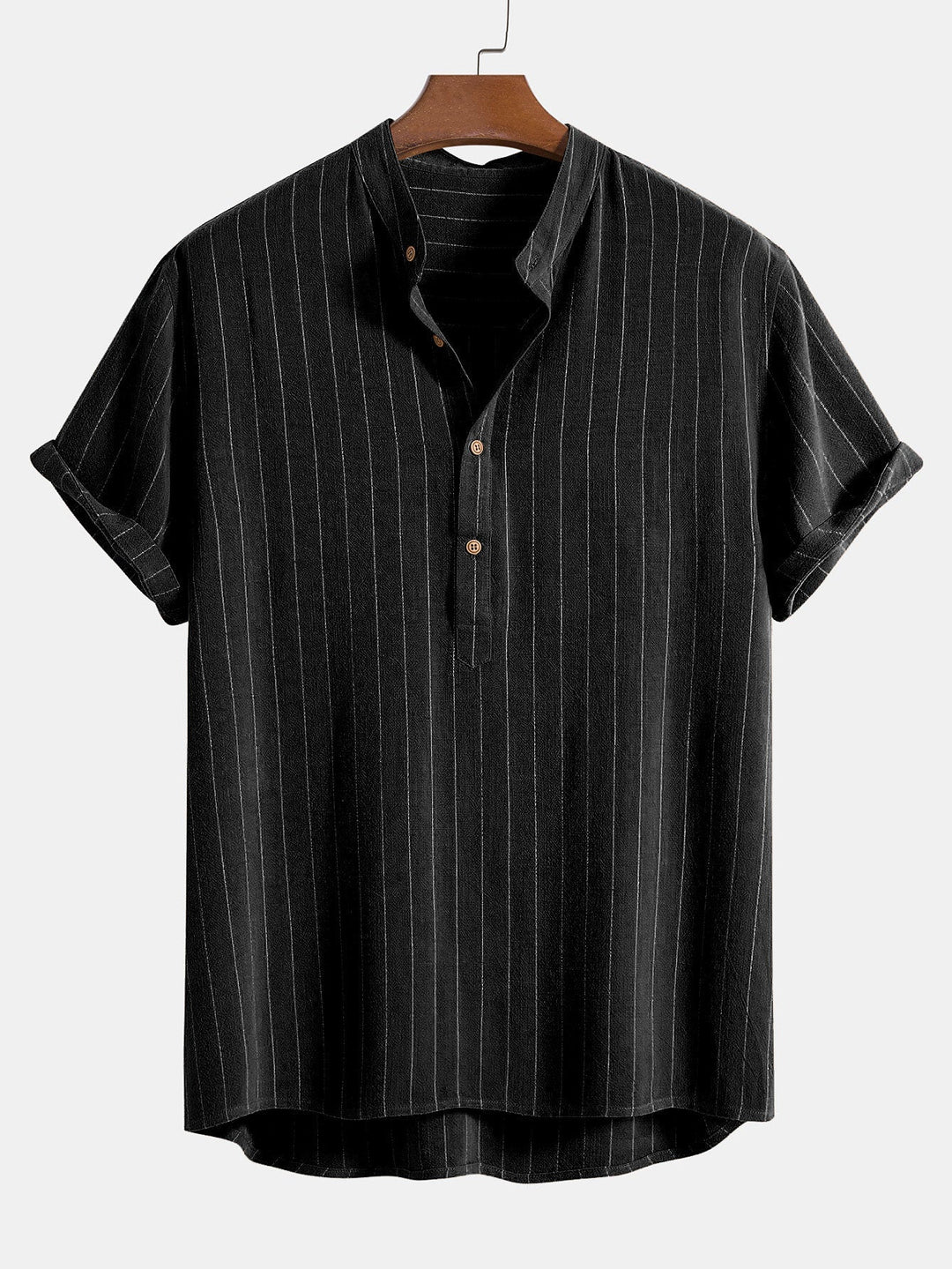 Linen Blend Striped Half Open Placket Henley Collar Shirt & Straight Leg Linen Pants