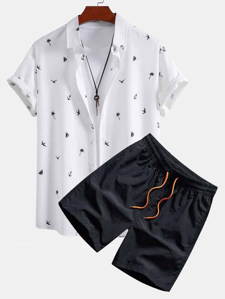 Palm Tree Anchor Sailboat Print Button Up Shirt & Swim Shorts