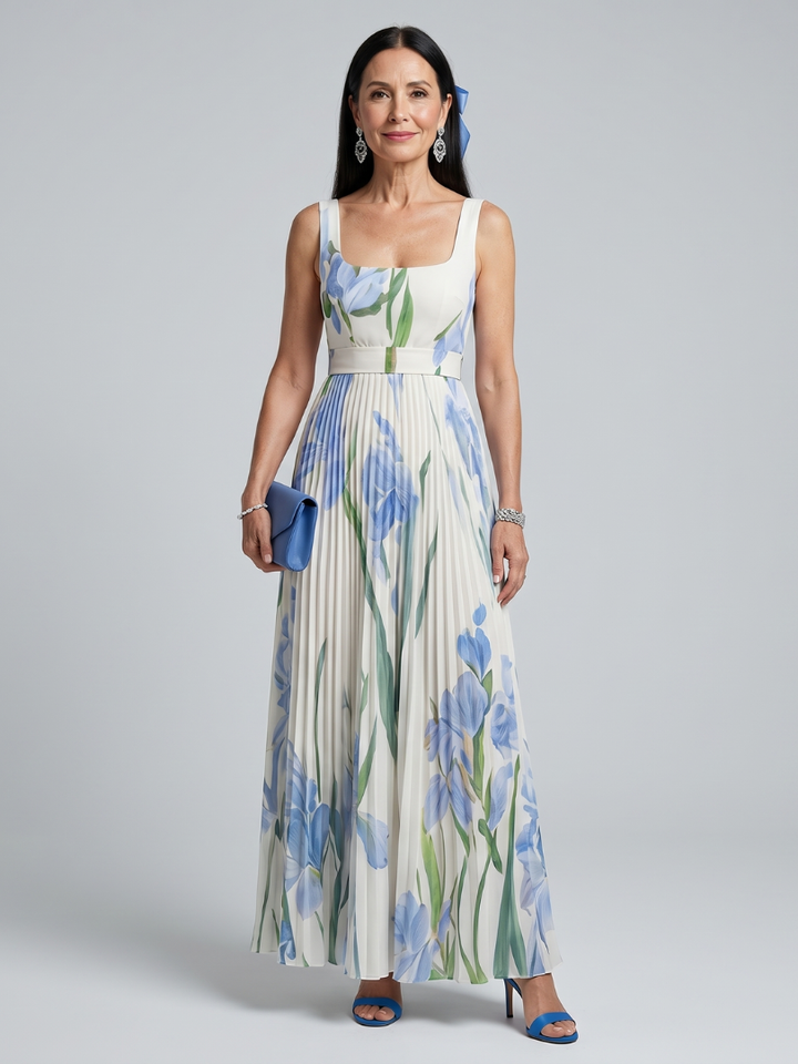Ophelia | Sleeveless Midi Dress with Square Neckline and Floral Pattern