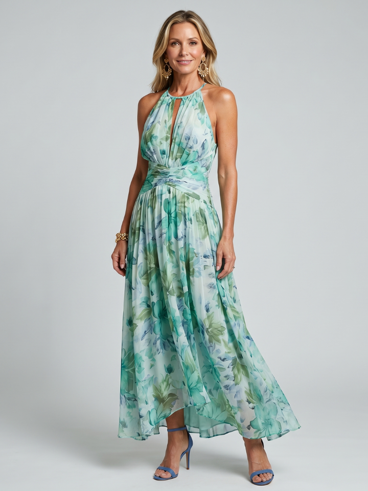 Portia | Folding Halter Soft Floral Midi Dress