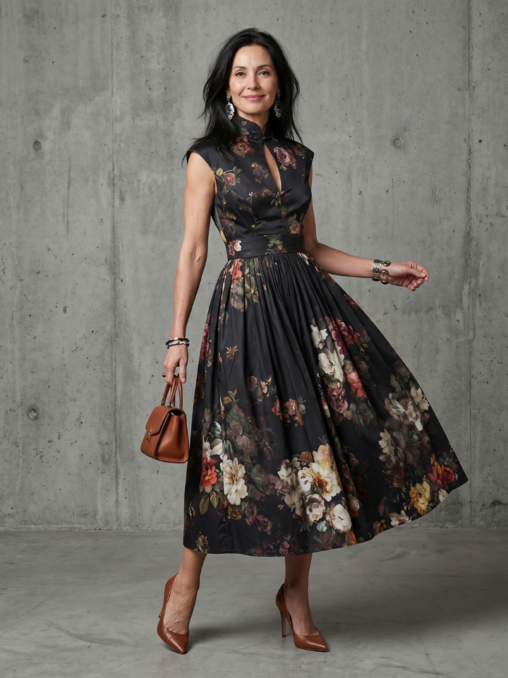 Greta | High-neck Keyhole Floral Pleated Midi Dress