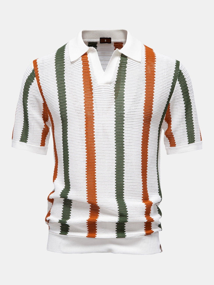 Stripe Knit V Neck Polo Shirt & Cotton Chino Shorts