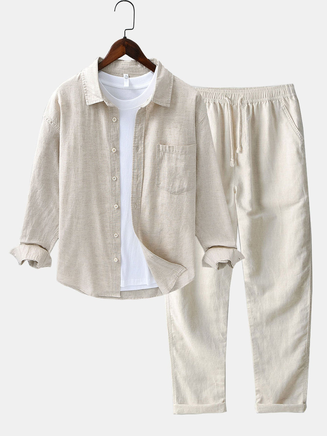 Long Sleeve Linen Cotton Shirt With Pocket & Straight Leg Linen Pants