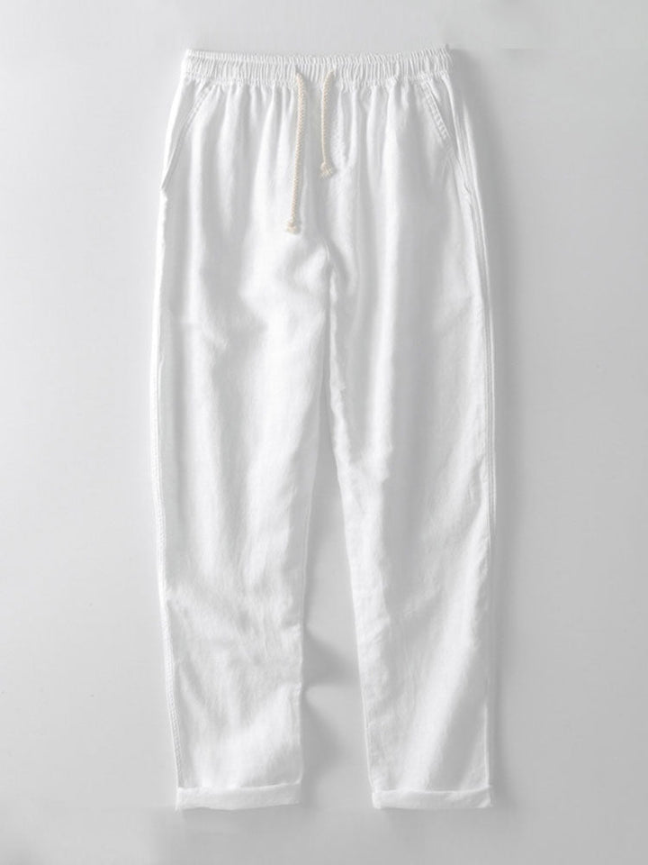 Linen Blend Striped Half Open Placket Henley Collar Shirt & Straight Leg Linen Pants
