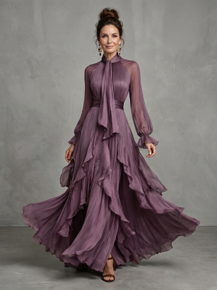 Demetria | Maxi Dress with Ruffle Details and Tied Neckline