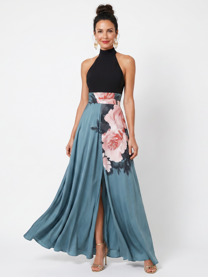Olympas | Halter Bodice Floral Rock Maxi Dress