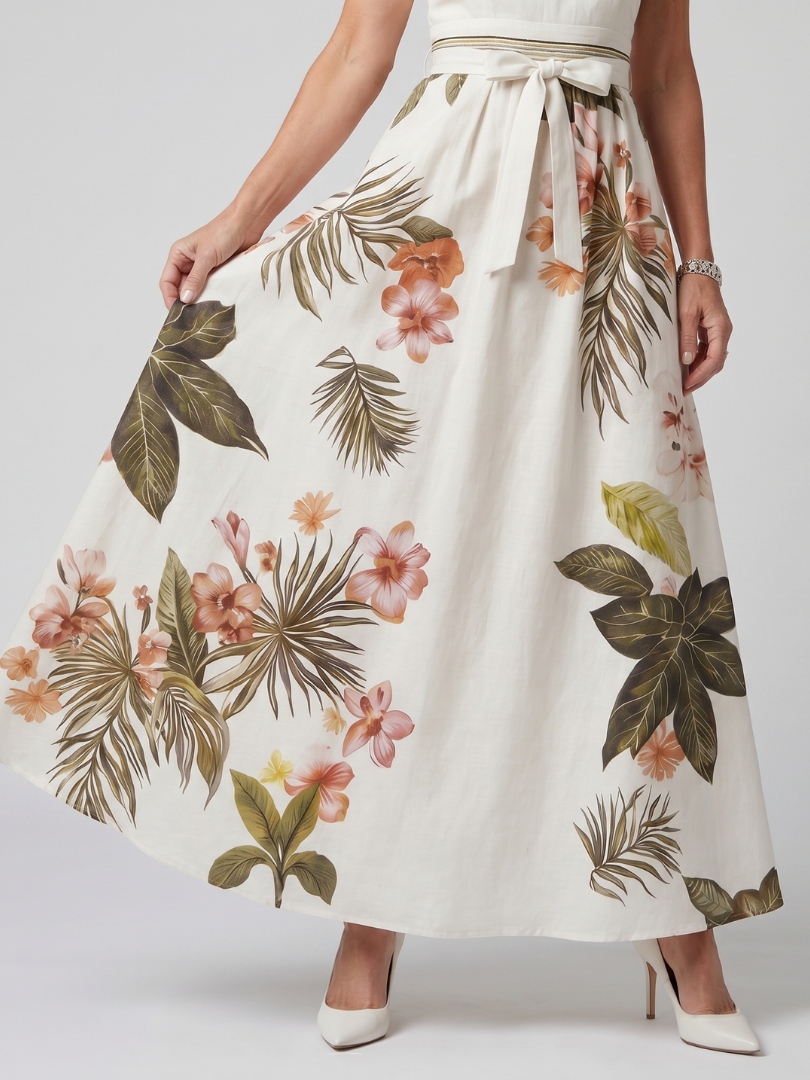 Wiese | Draped Halter Neck Botanical Panel Maxi Dress