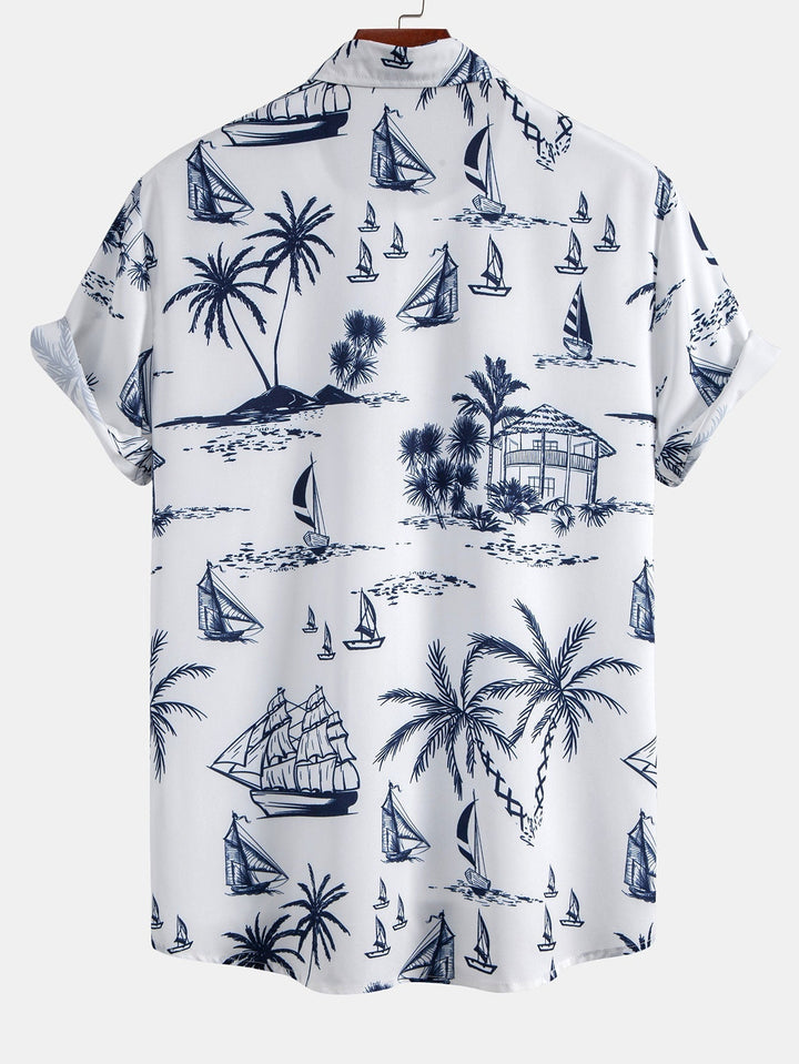 Island Sailing Print Button Up Shirt & Straight Leg Ribbed Pants
