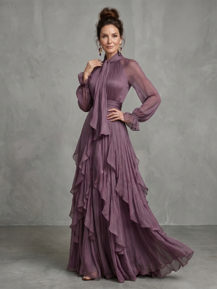 Demetria | Maxi Dress with Ruffle Details and Tied Neckline
