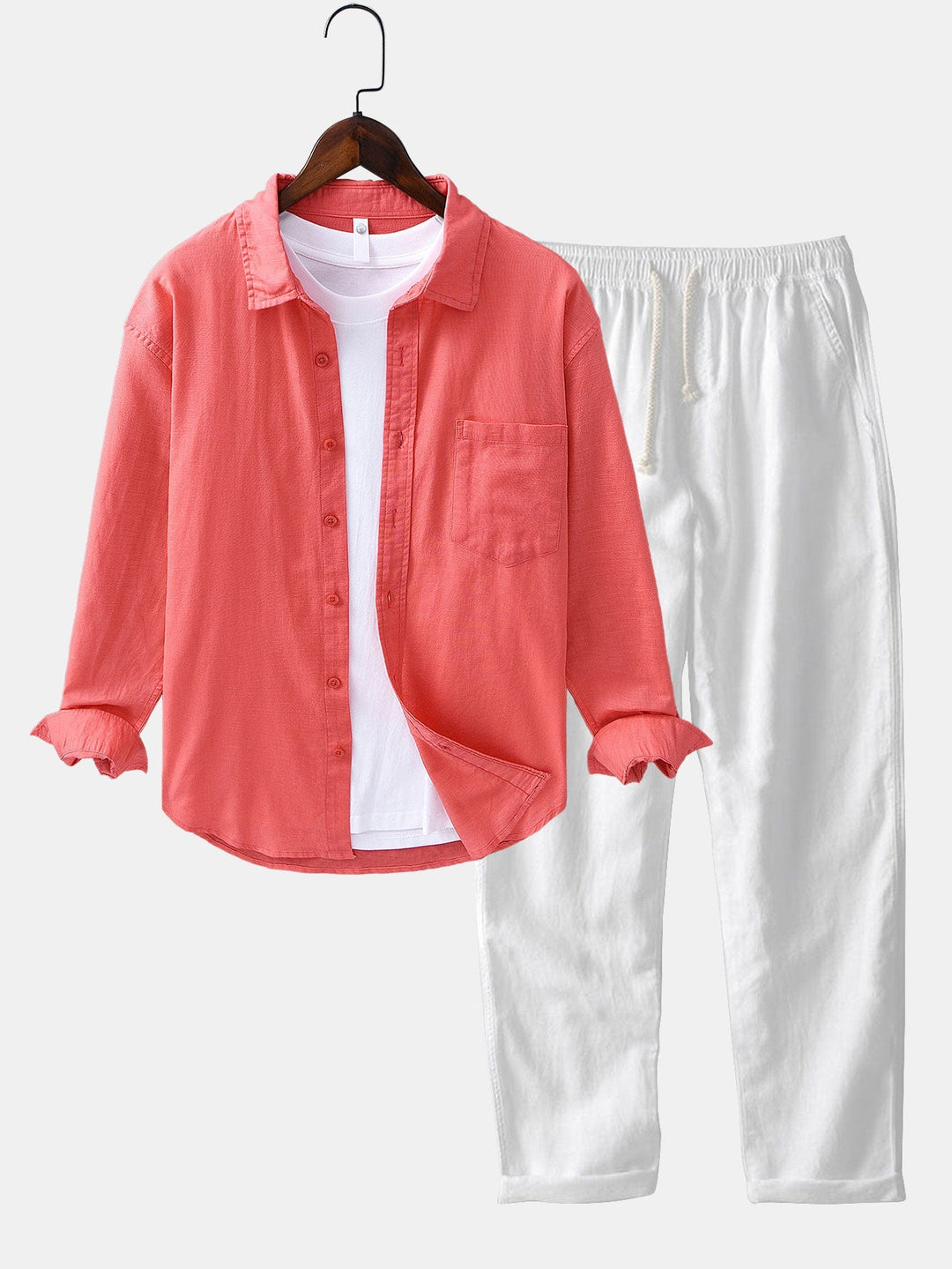 Long Sleeve Linen Cotton Shirt With Pocket & Straight Leg Linen Pants
