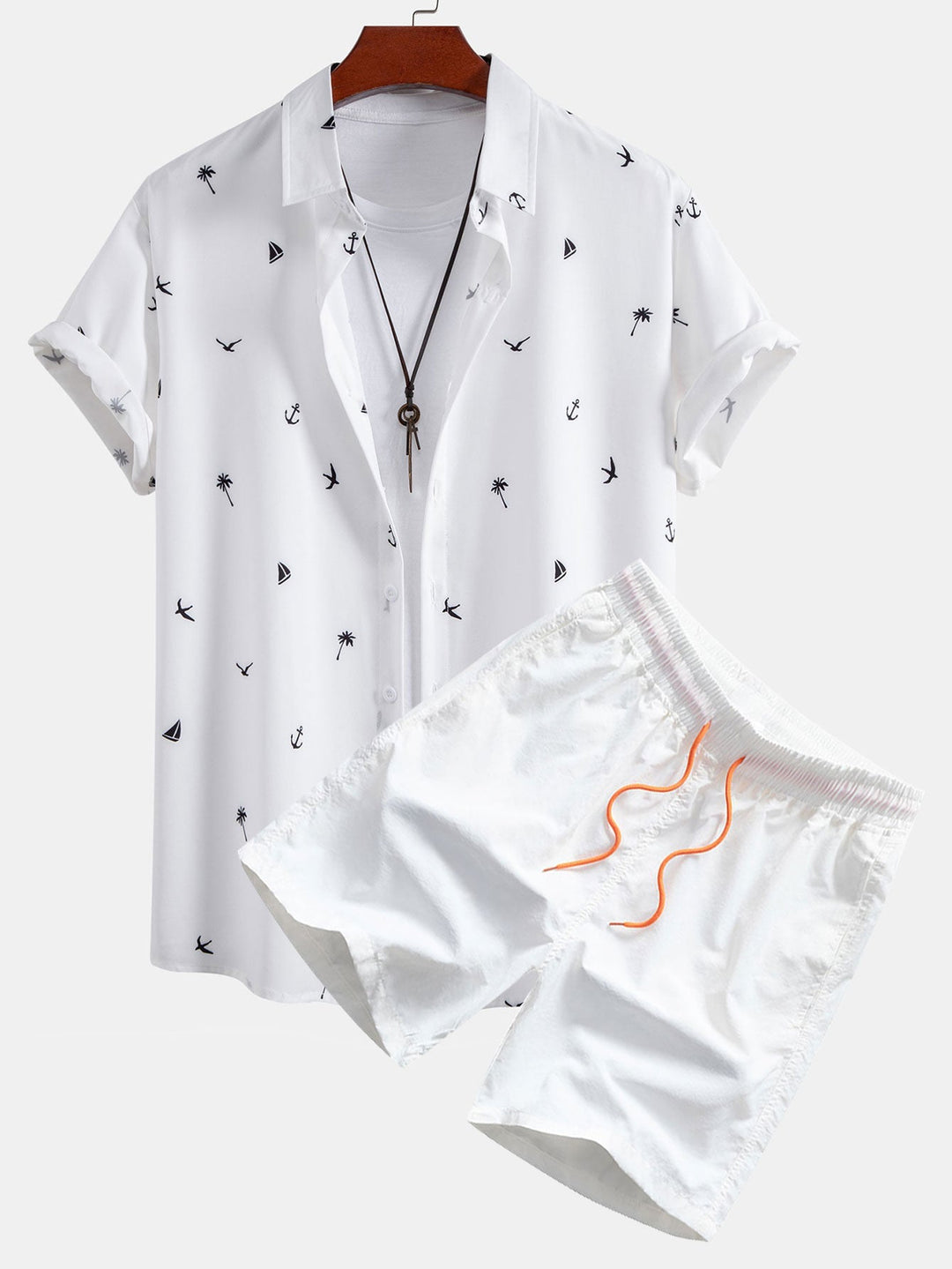 Palm Tree Anchor Sailboat Print Button Up Shirt & Swim Shorts