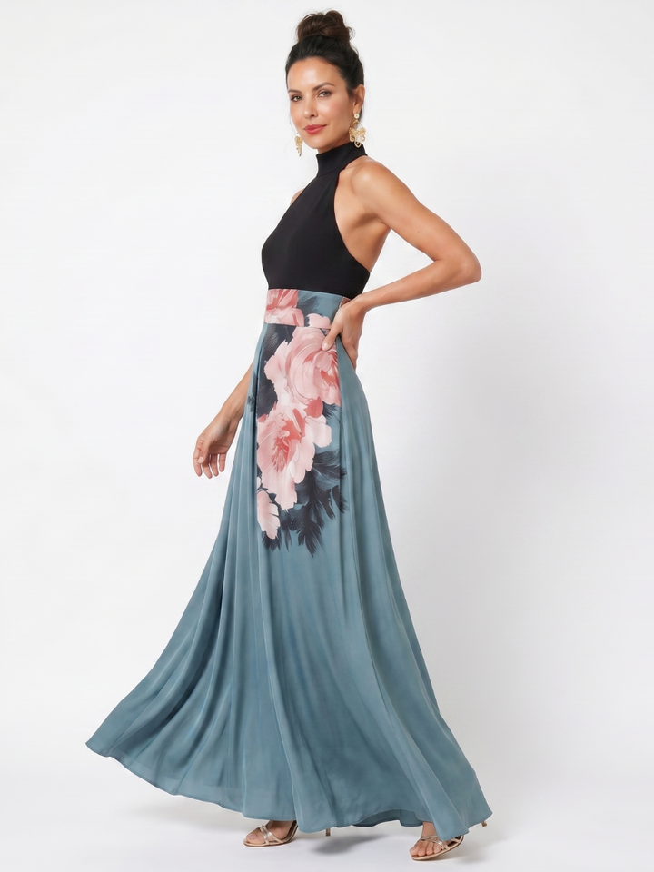 Olympas | Halter Bodice Floral Rock Maxi Dress