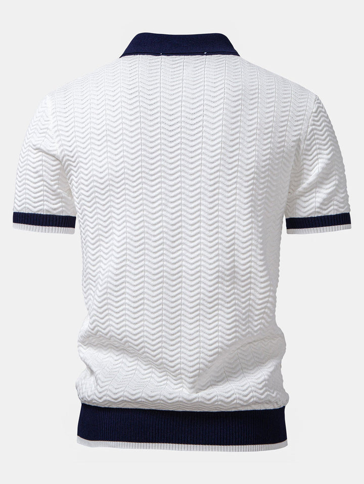 Texture Contrast Knitted V Neck Polo Shirt & Straight Leg Ribbed Pants