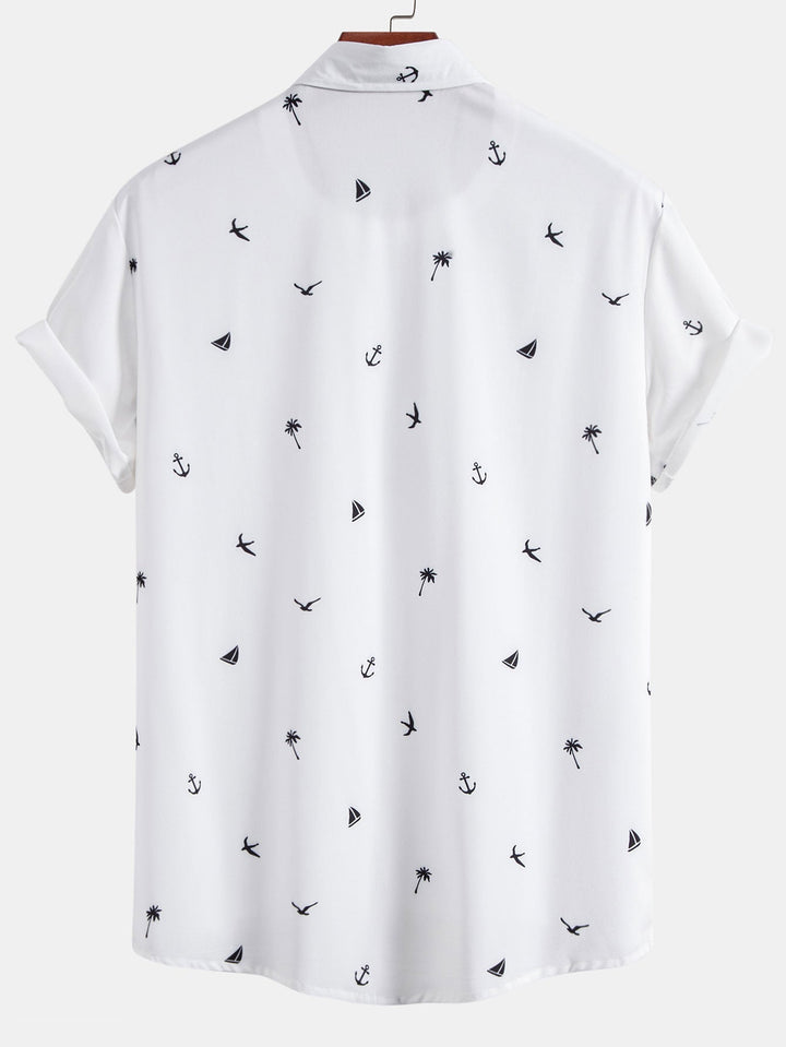 Palm Tree Anchor Sailboat Print Button Up Shirt & Swim Shorts