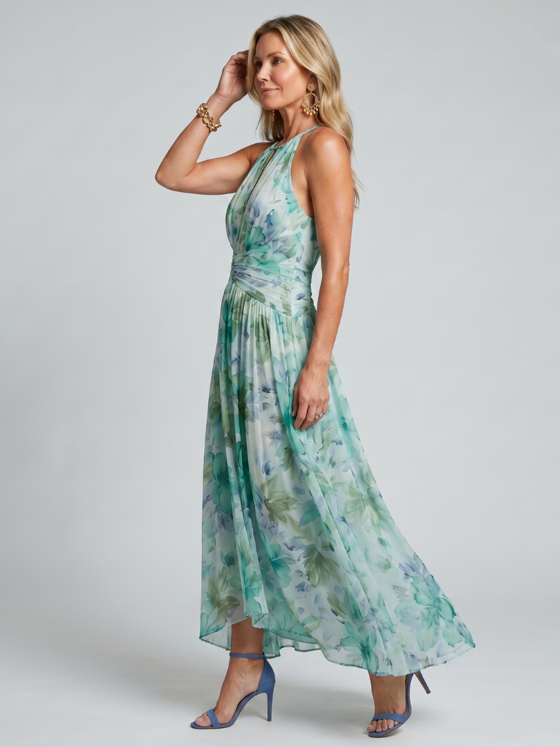 Portia | Folding Halter Soft Floral Midi Dress