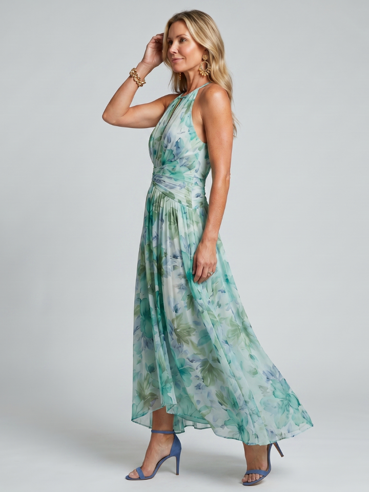 Portia | Folding Halter Soft Floral Midi Dress