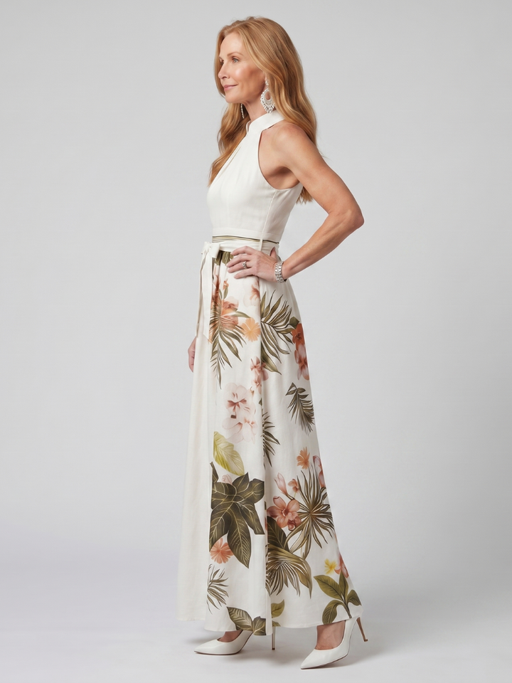 Wiese | Draped Halter Neck Botanical Panel Maxi Dress