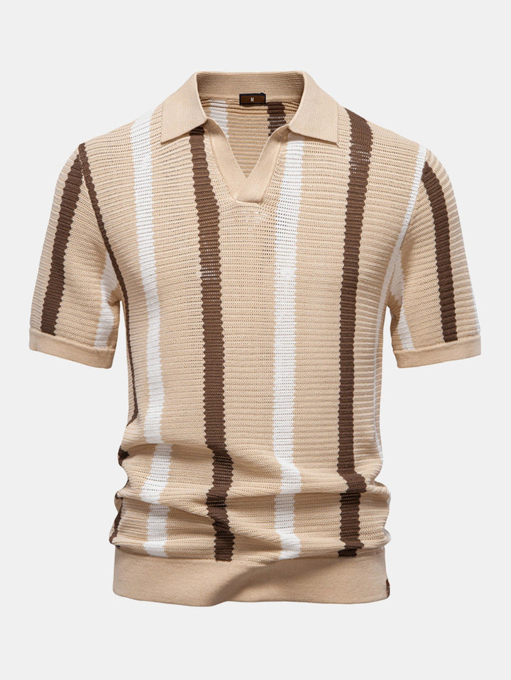 Stripe Knit V Neck Polo Shirt & Cotton Chino Shorts