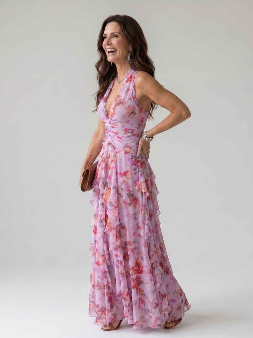 Nori | Halterneck Ruffle Top Floral Maxi Dress