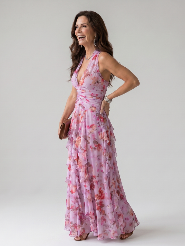 Nori | Halterneck Ruffle Top Floral Maxi Dress