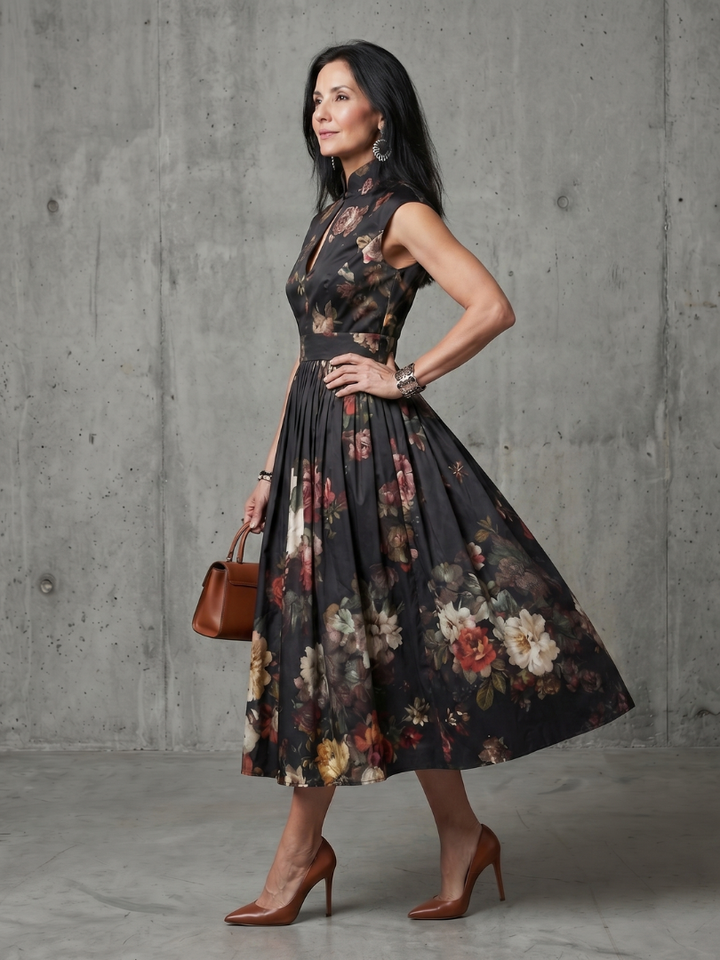 Greta | High-neck Keyhole Floral Pleated Midi Dress