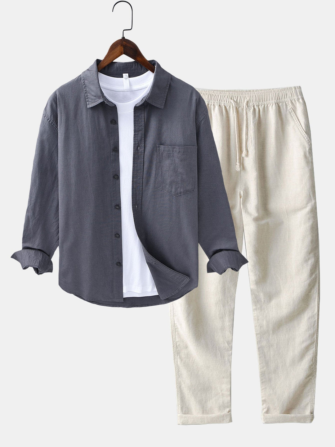 Long Sleeve Linen Cotton Shirt With Pocket & Straight Leg Linen Pants