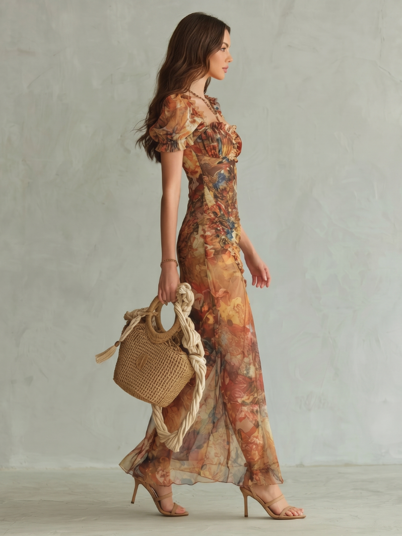 Ciel | Ruffled Sleeve Gathered Slit Midi Dress