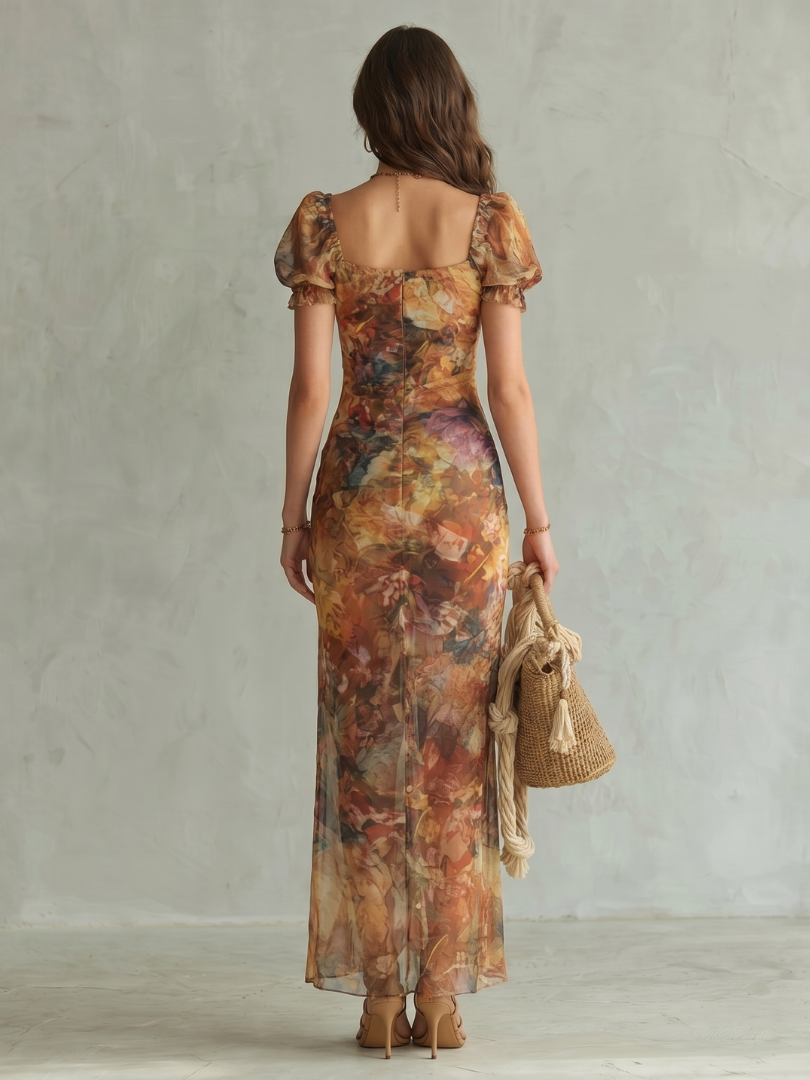Ciel | Ruffled Sleeve Gathered Slit Midi Dress