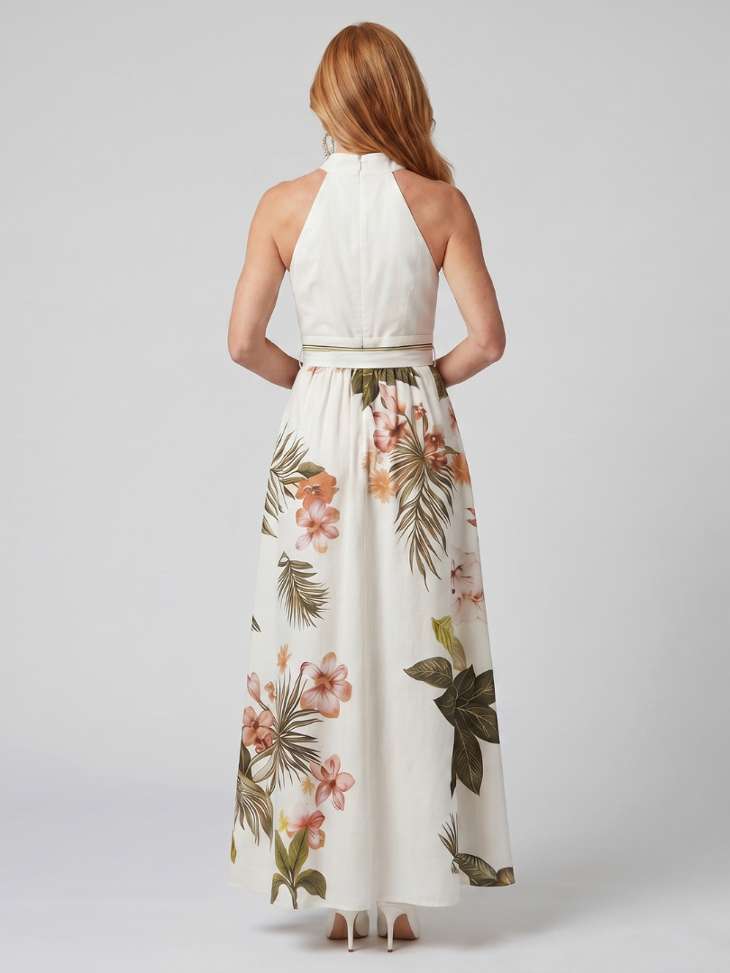 Wiese | Draped Halter Neck Botanical Panel Maxi Dress