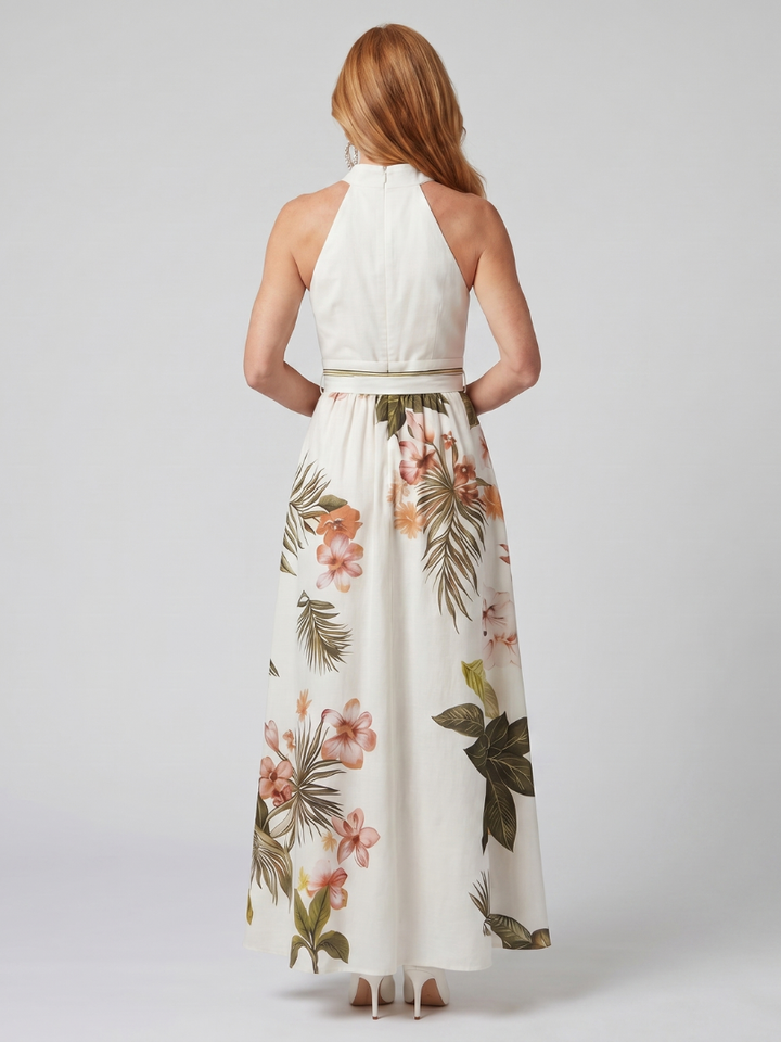 Wiese | Draped Halter Neck Botanical Panel Maxi Dress