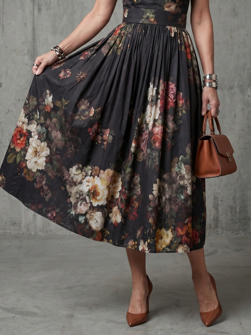Greta | High-neck Keyhole Floral Pleated Midi Dress