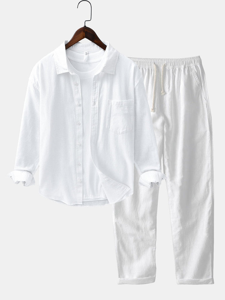 Long Sleeve Linen Cotton Shirt With Pocket & Straight Leg Linen Pants