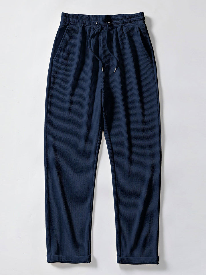 Texture Contrast Knitted V Neck Polo Shirt & Straight Leg Ribbed Pants