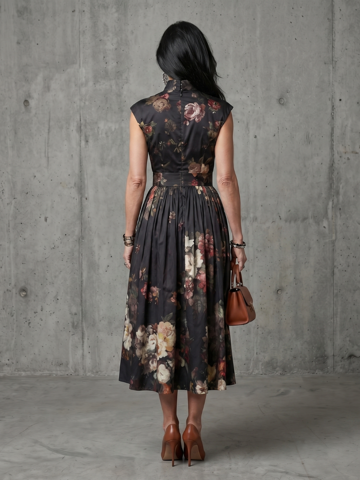 Greta | High-neck Keyhole Floral Pleated Midi Dress