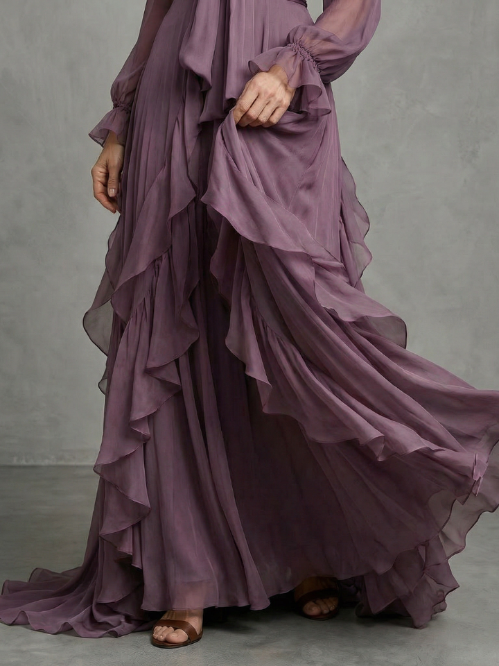 Demetria | Maxi Dress with Ruffle Details and Tied Neckline