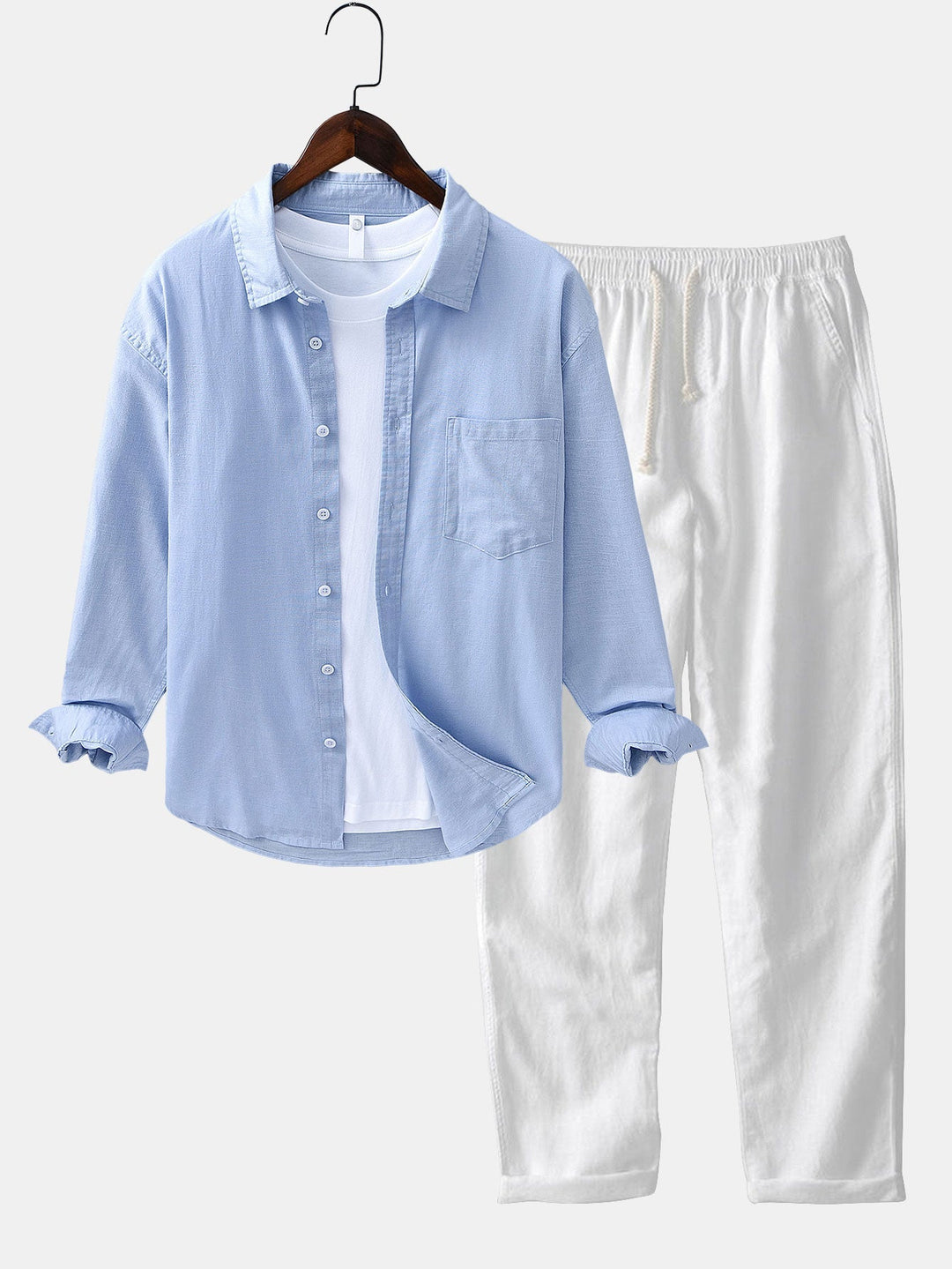 Long Sleeve Linen Cotton Shirt With Pocket & Straight Leg Linen Pants