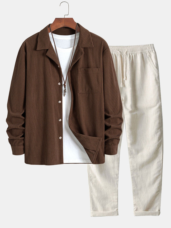 Long Sleeve Corduroy Cuban Collar Shirt & Straight Leg Linen Pants