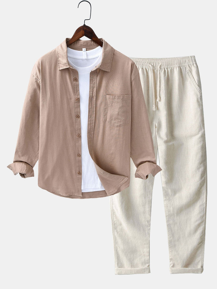 Long Sleeve Linen Cotton Shirt With Pocket & Straight Leg Linen Pants