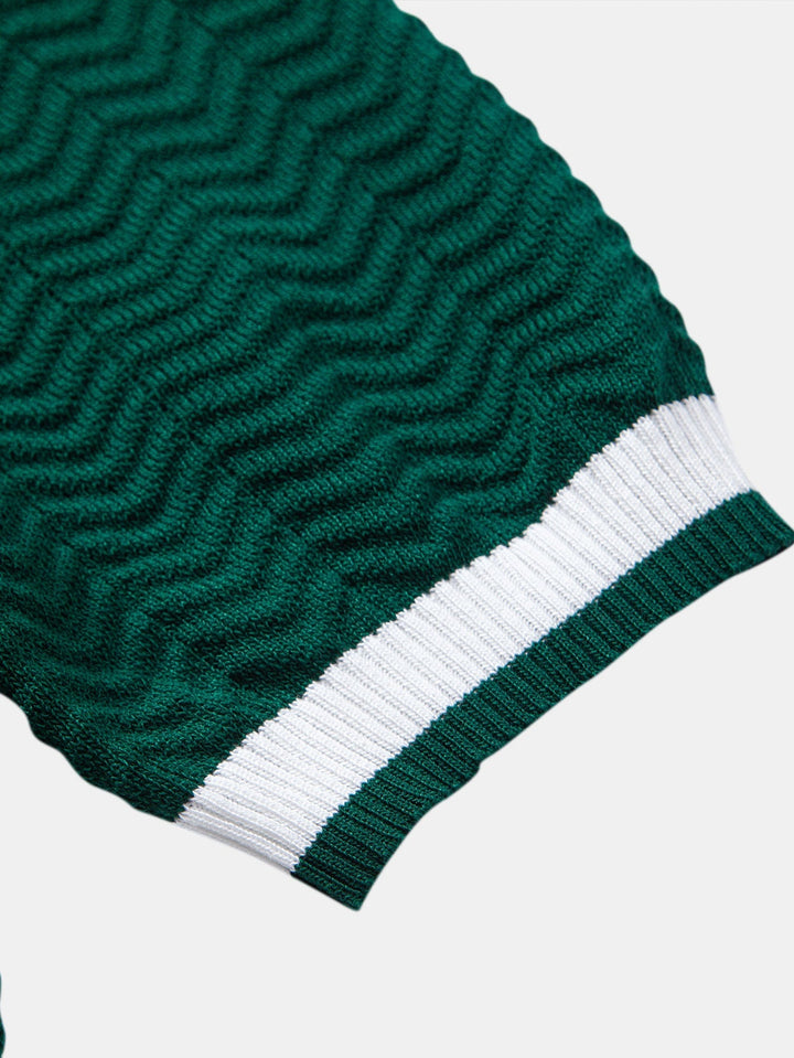 Texture Contrast Knitted V Neck Polo Shirt & Straight Leg Ribbed Pants