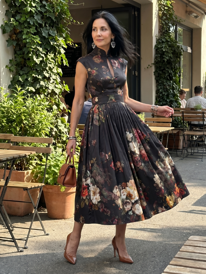 Greta | High-neck Keyhole Floral Pleated Midi Dress