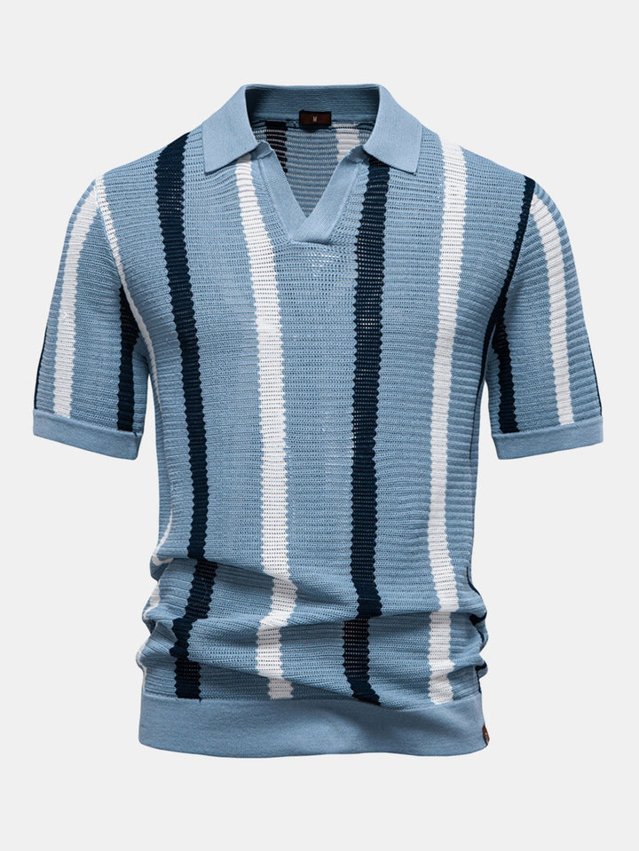 Stripe Knit V Neck Polo Shirt & Cotton Chino Shorts