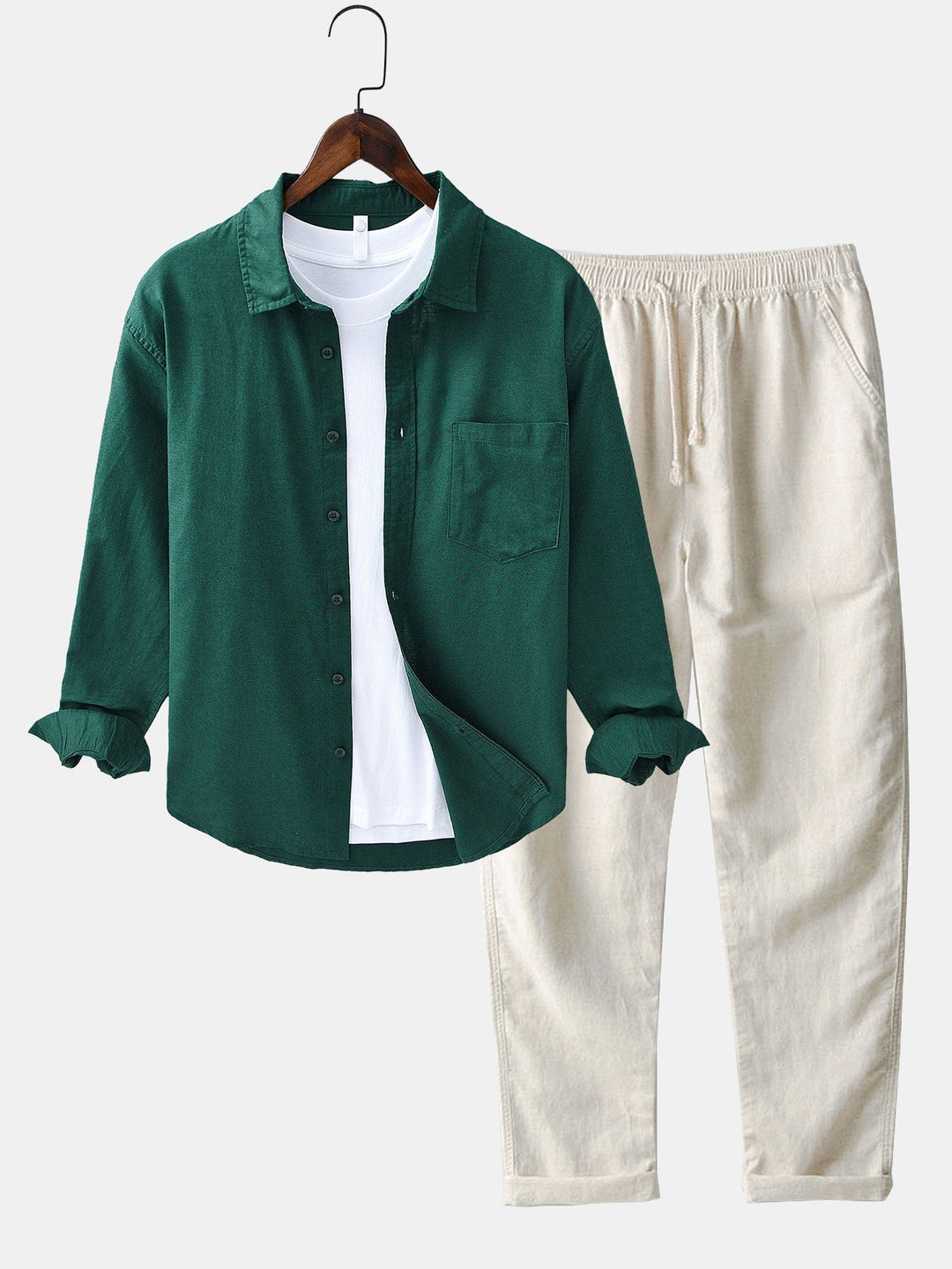 Long Sleeve Linen Cotton Shirt With Pocket & Straight Leg Linen Pants