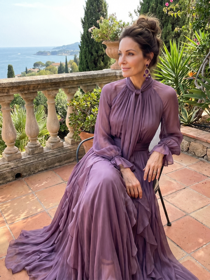 Demetria | Maxi Dress with Ruffle Details and Tied Neckline