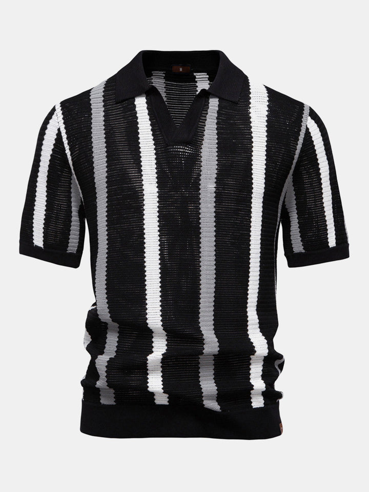 Stripe Knit V Neck Polo Shirt & Cotton Chino Shorts