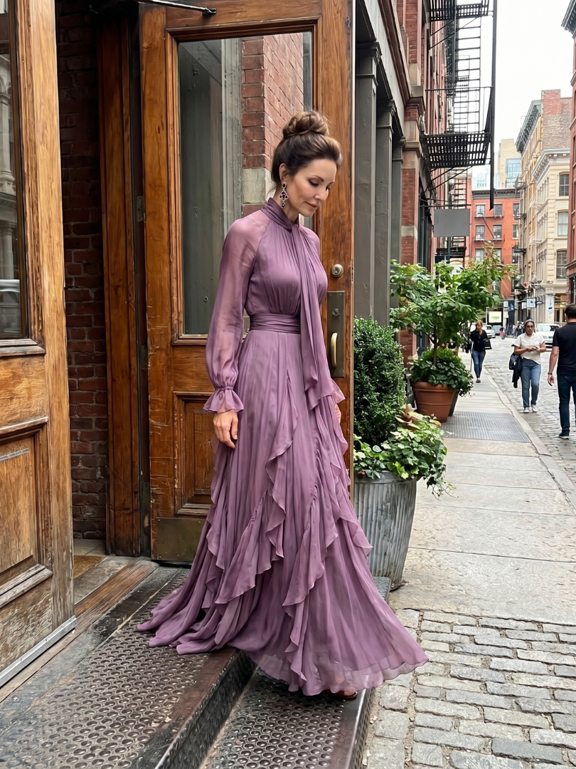 Demetria | Maxi Dress with Ruffle Details and Tied Neckline